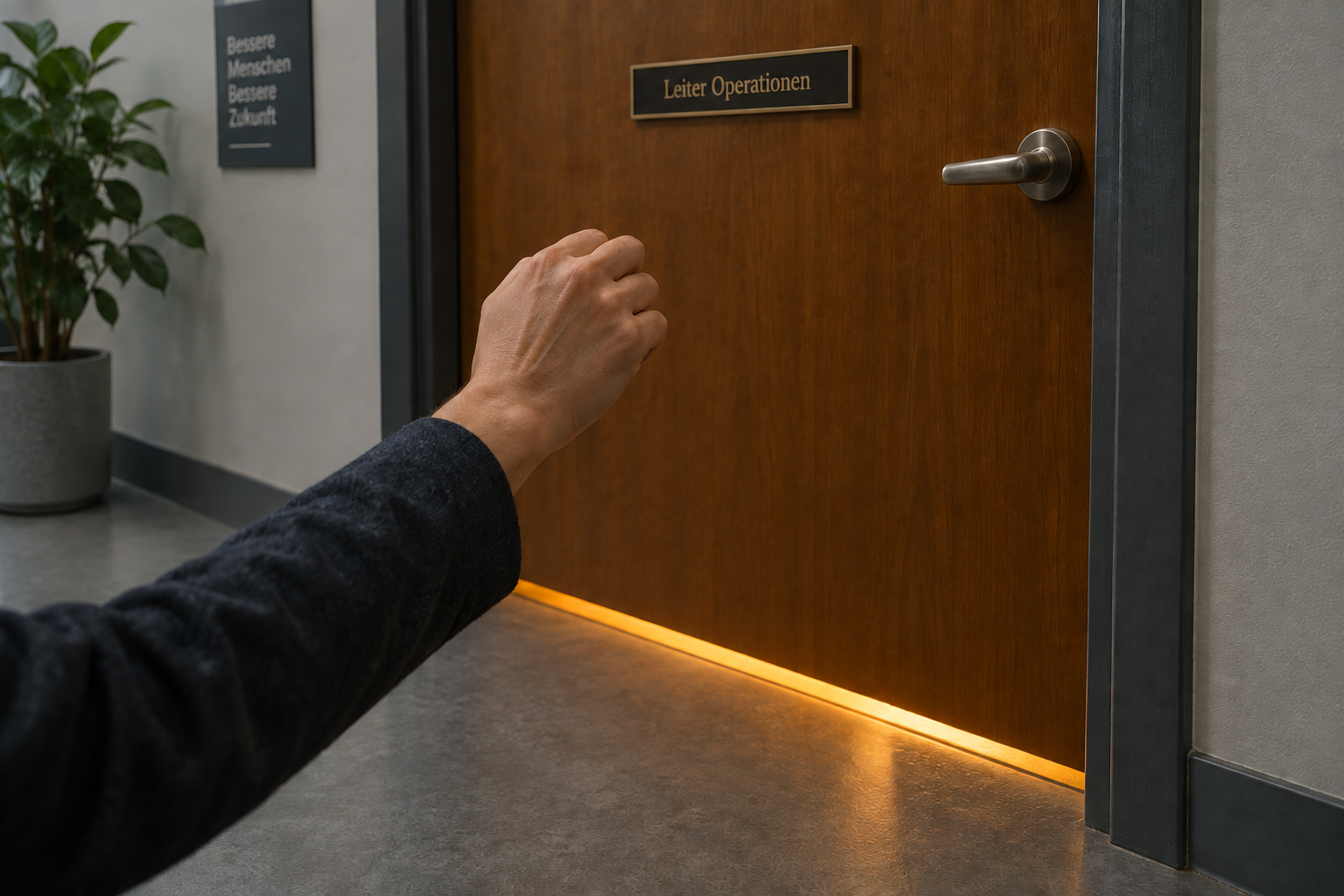 Hand knocking on a closed office door with light visible underneath, symbolising an active but unseen hiring process in Germany