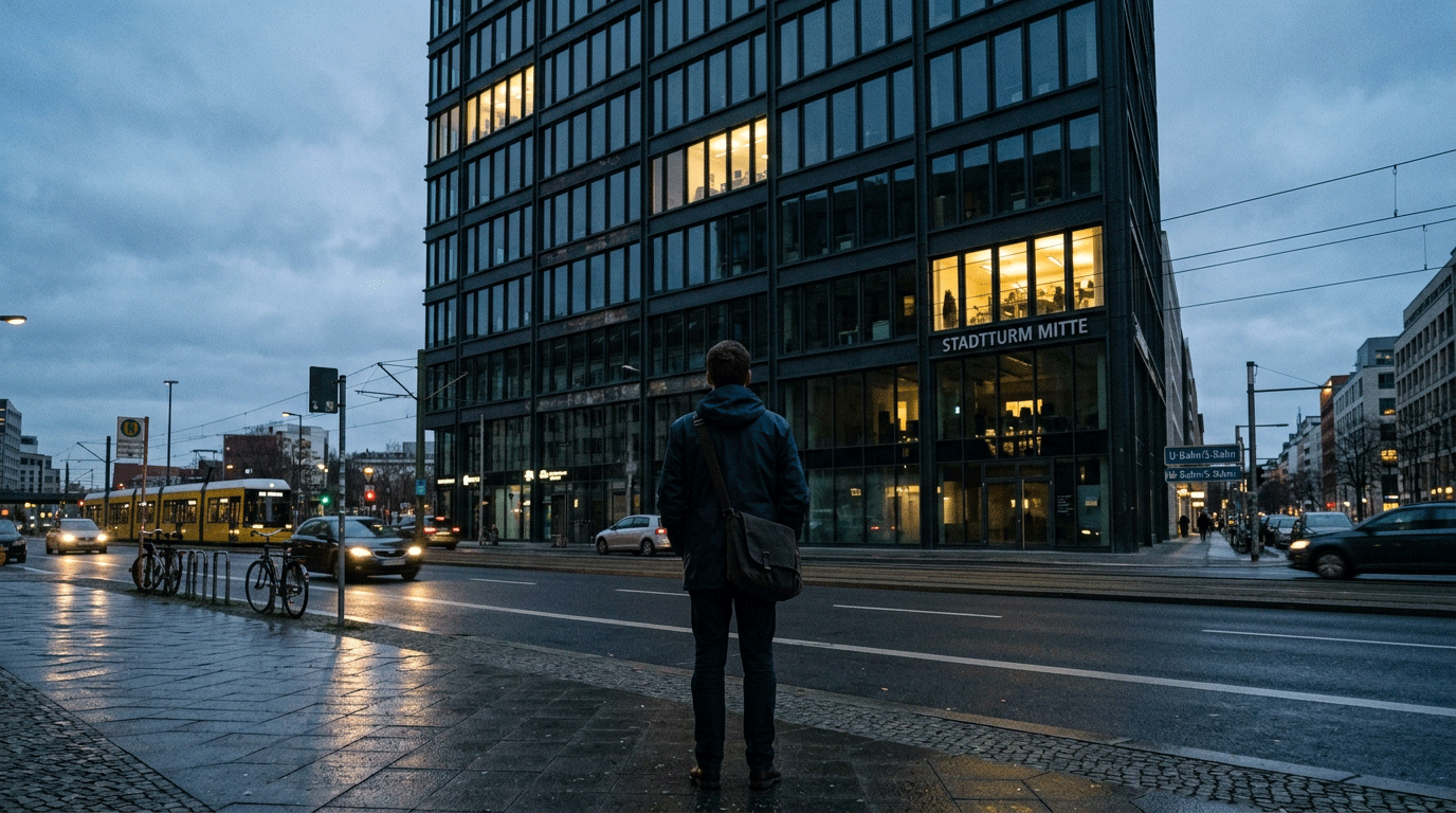 man standing outside office building in dusk watching office building