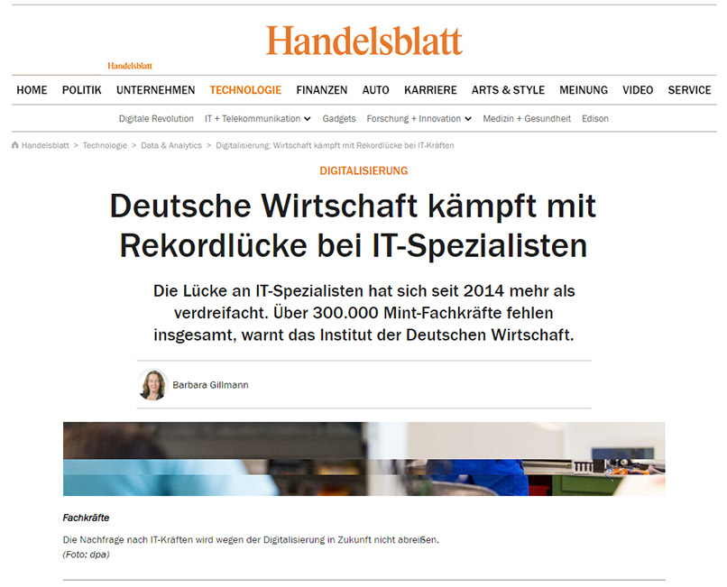 News | Handelsblatt: Deutsche IT-Wirtschaft kämpft mit Rekordlücke bei IT-Spezialisten