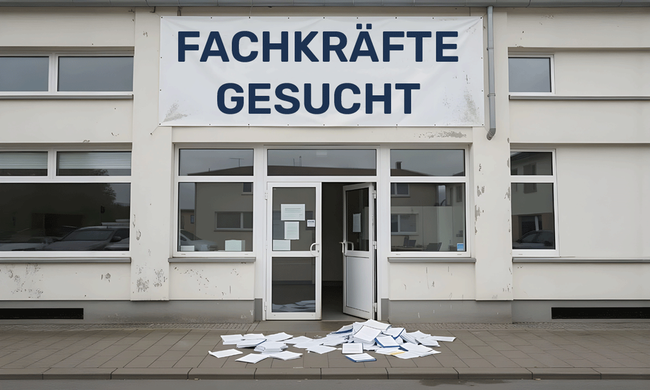 alte hausfassade mit plakat "fachkräfte gesucht"