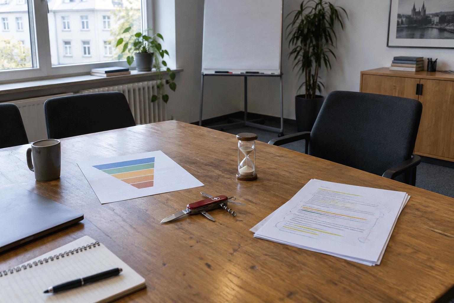 Auf einem Büroschreibtisch liegen Bewerbungen, Stellenanforderungen und symbolisch ein Schweizer Taschenmesser als Tool gegen den Fachkräftemangel