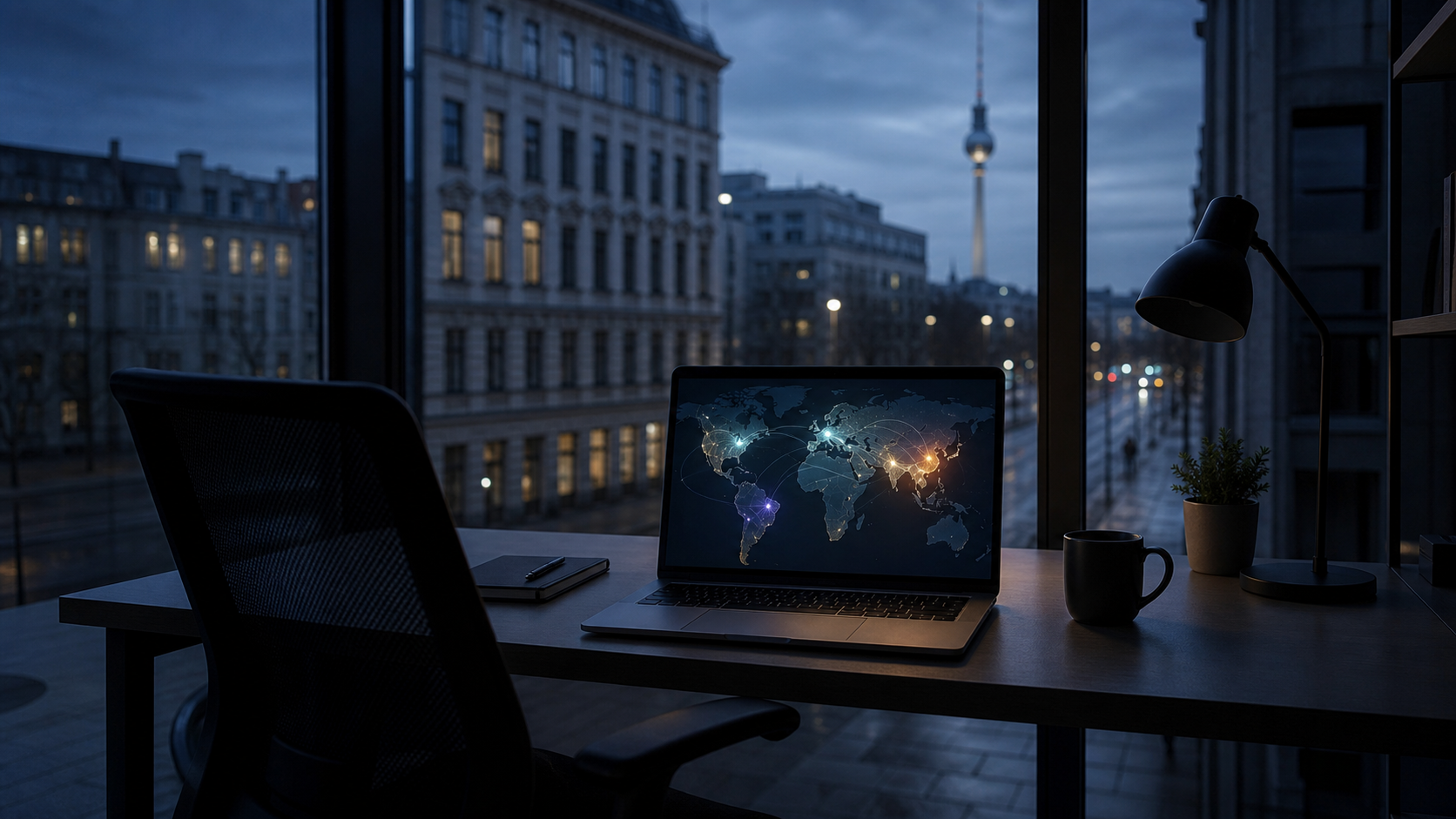 Schreibtisch mit Notebook vor nächtlicher Stadtsilhouette, auf dem Bildschirm Weltkarte mit Remote Standorten