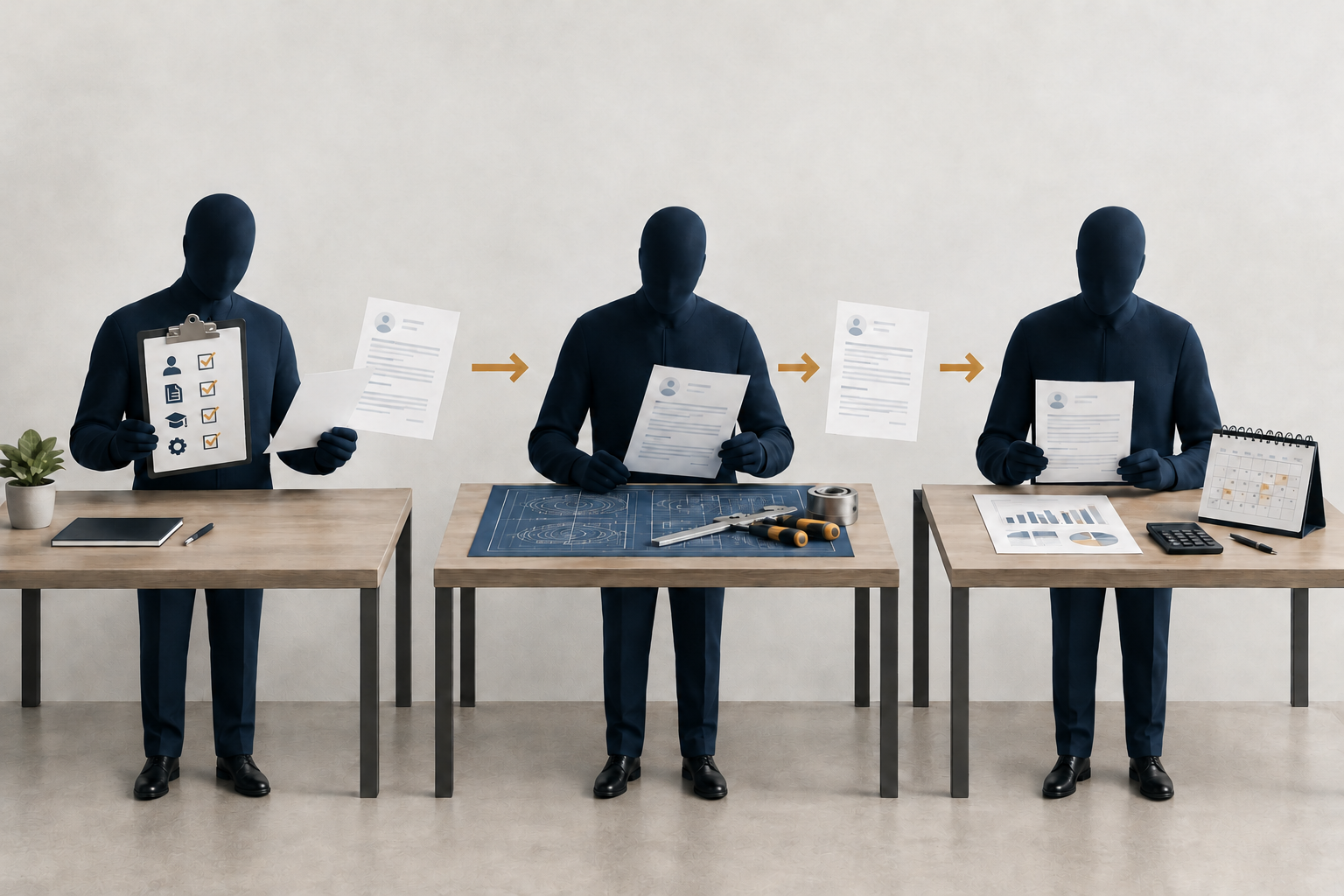 Illustration of a job application passing through three checkpoints in the German hiring process: HR screening, hiring manager assessment and final decision level