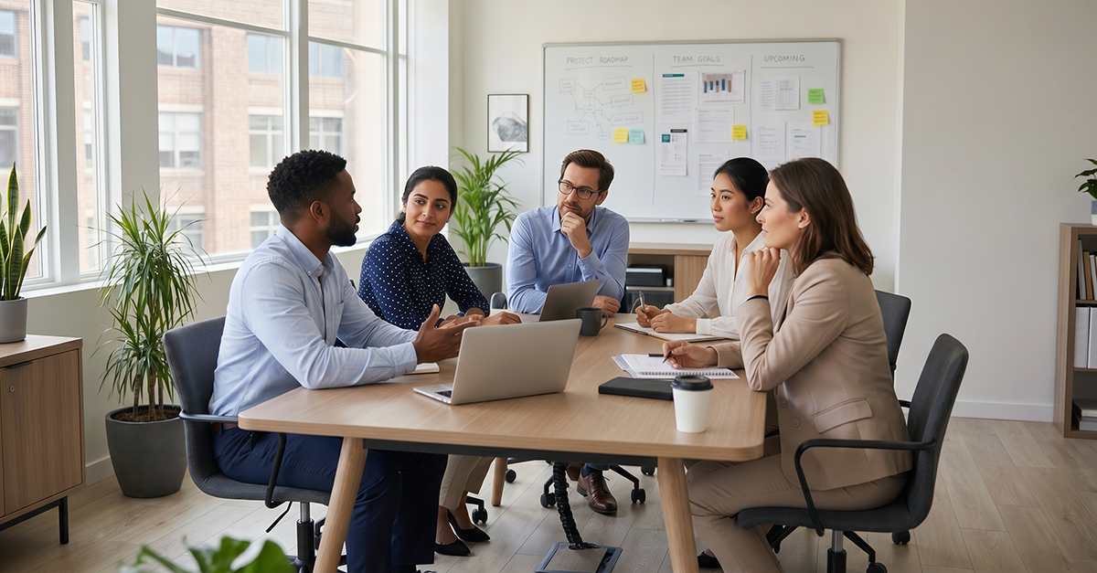 5 internationale menschen sitzen an einem tisch im besprechungsraum und reden miteinander