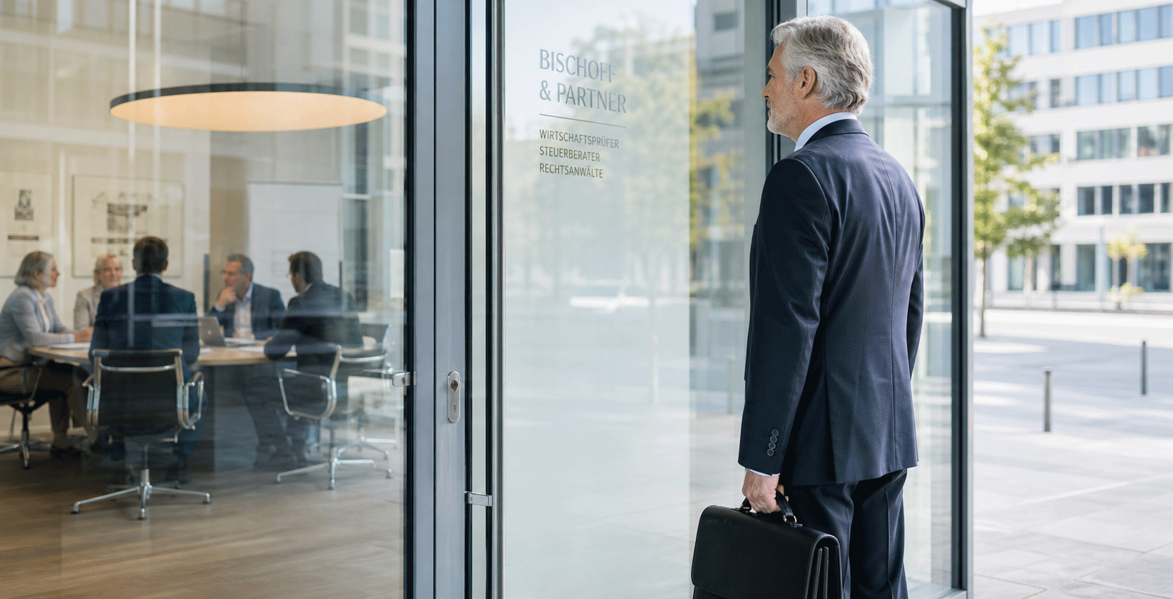 A professional pauses outside an office entrance in a German business district.