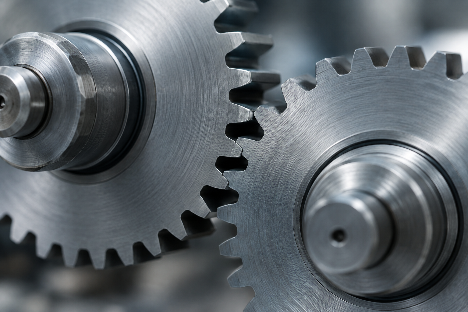 Close-up of two steel gears meshing precisely together, symbolising smooth integration into an existing team rather than a personality match, in a German job interview