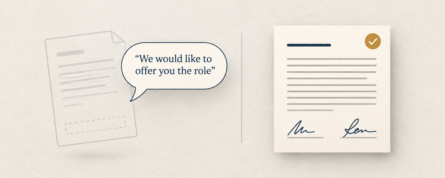Illustration comparing a verbal job offer in Germany with a counter-signed German employment contract.