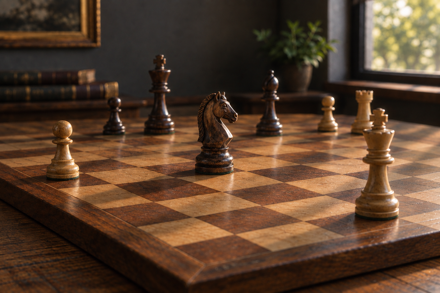 Close-up of a wooden chess knight mid-move on a chessboard, symbolising deliberate, purposeful career moves rather than restlessness in a German job interview