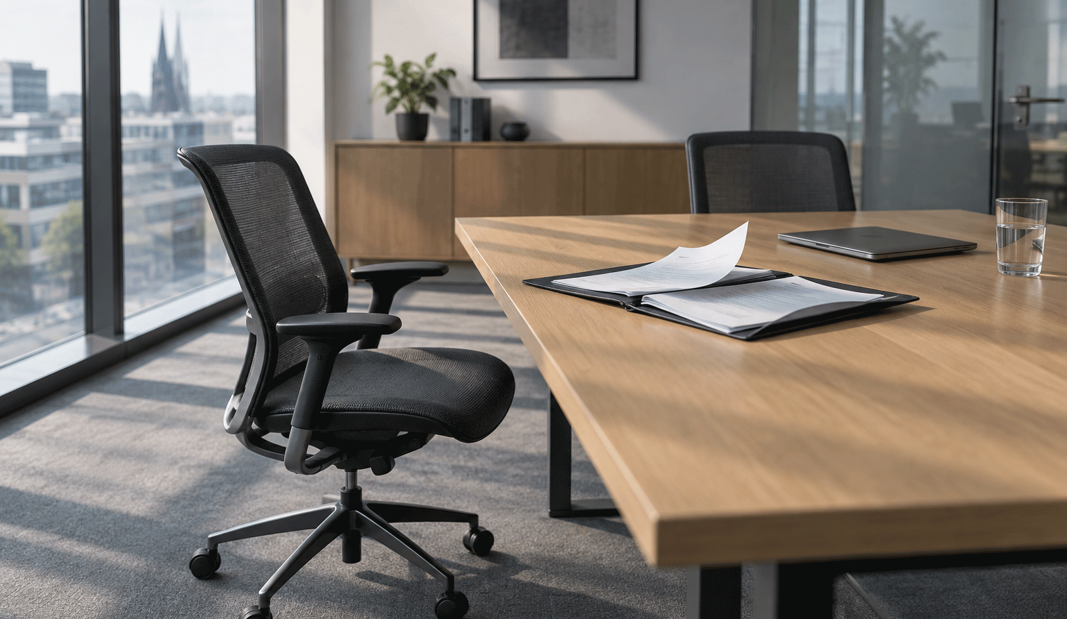 Büro-Schreibtisch mit verwehenden Bewerbungen